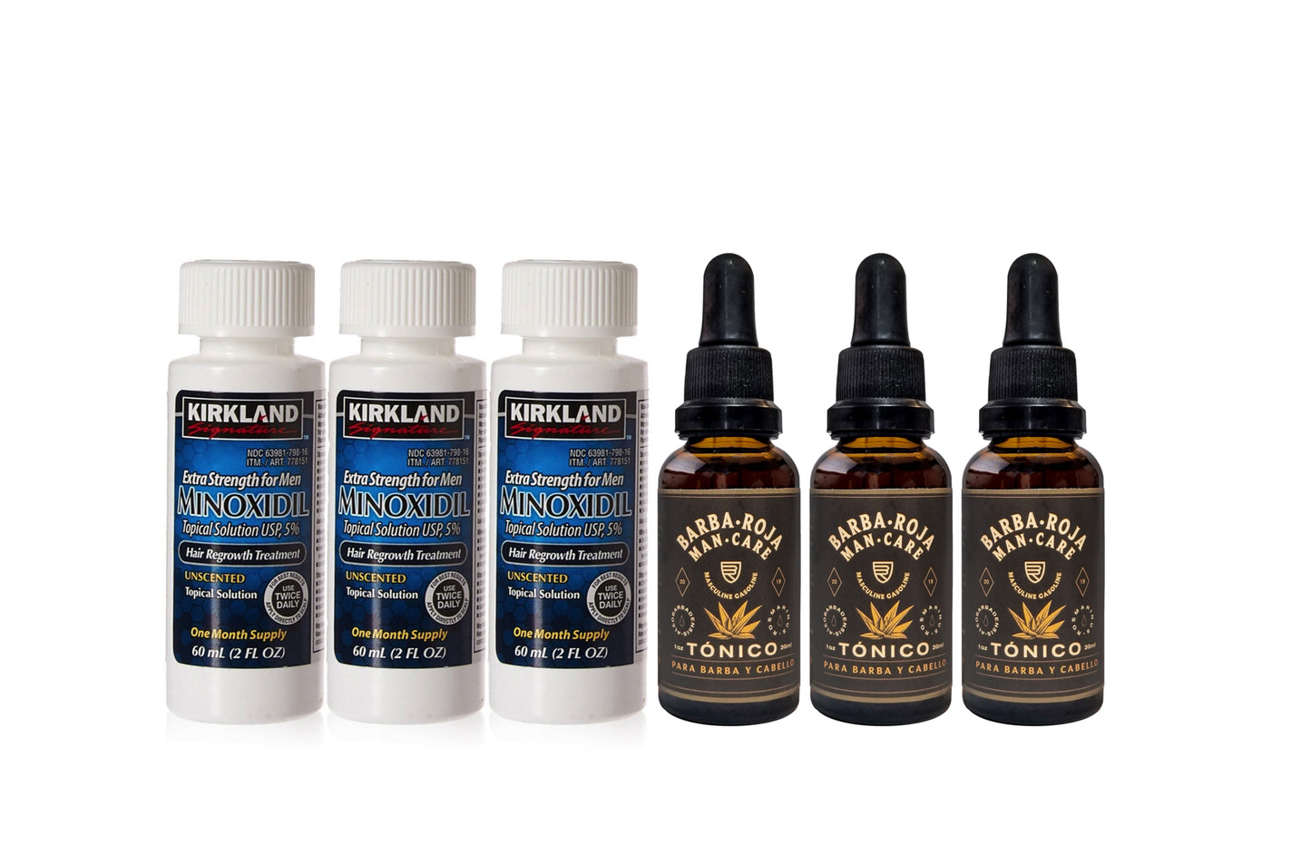KIT: 3 Minoxidil Kirkland 5% + 3 Tonico Barba roja